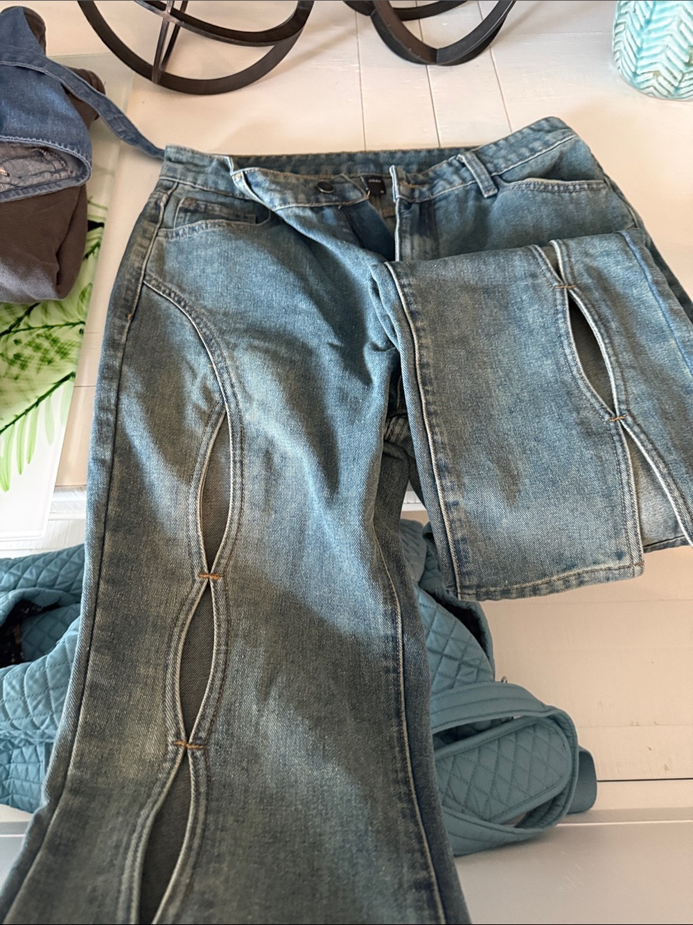 Cider Blue Denim Flare Jeans with Curved Cutouts
